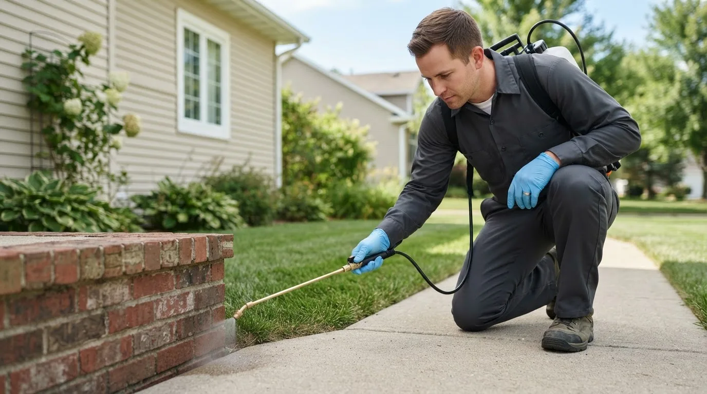 Pest control technician treating a home near Cowlesville, NY