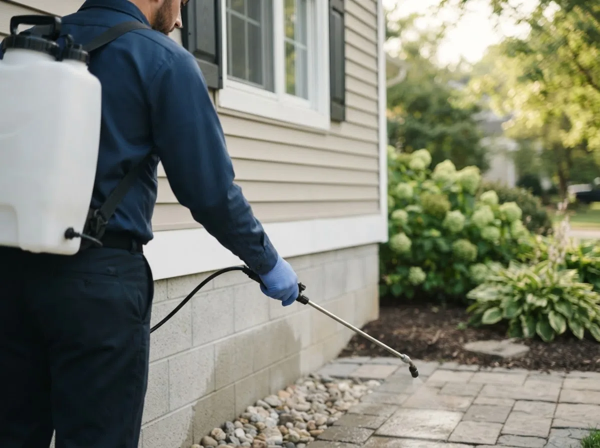 Pest control technician inspecting a home in Cowlesville, NY